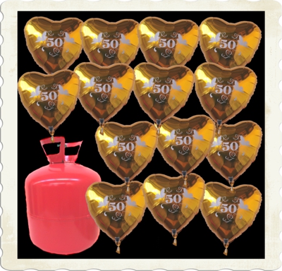 Dekoration Goldene Hochzeit, 20 Herzballons 50 Gold mit Helium Einweg 2,2 Liter