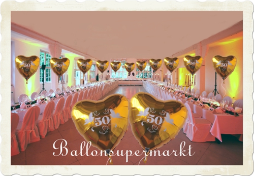 Dekoration Goldene Hochzeit, Festsaaldekoration mit Herzballons 50 Gold die mit Helium schweben