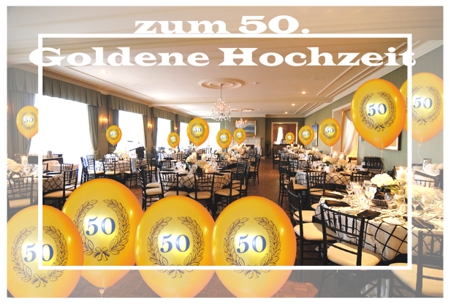 Festdekoration Goldene Hochzeit, Heliumballons Zahl 50 im Lorbeerkranz