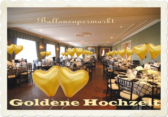 Goldene Hochzeit Festsaaldekoration mit Goldenen Herzluftballons mit Helium